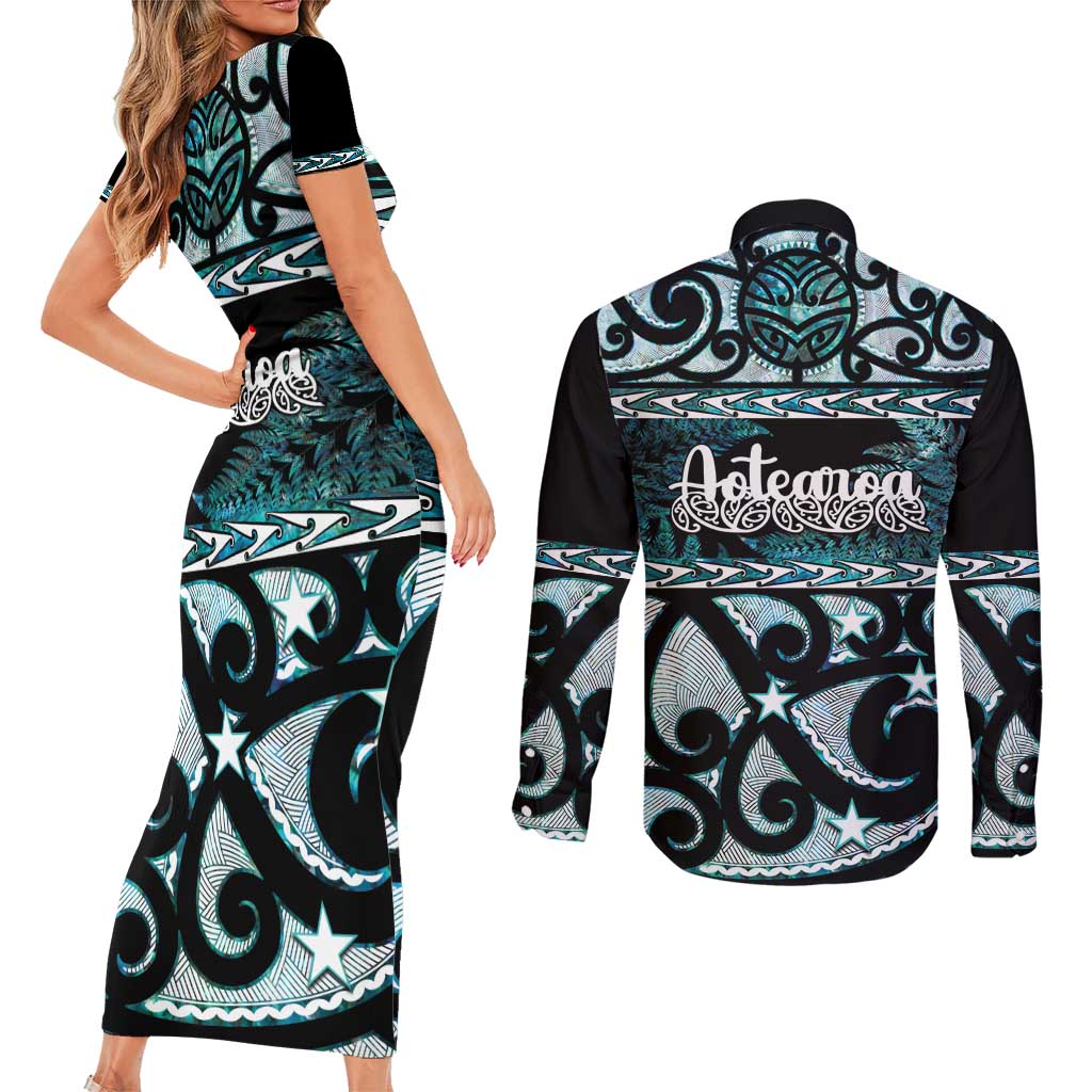 Kia Ora New Zealand Couples Matching Short Sleeve Bodycon Dress and Long Sleeve Button Shirt Aotearoa Proud Maori Paua Shell Silver Fern - Polynesian Pride