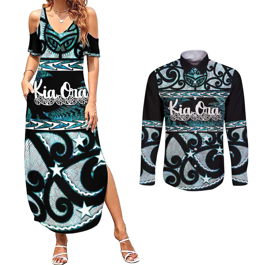 Kia Ora New Zealand Couples Matching Summer Maxi Dress and Long Sleeve Button Shirt Aotearoa Proud Maori Paua Shell Silver Fern LT14 Black - Polynesian Pride
