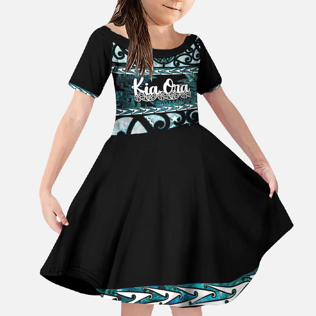 Kia Ora New Zealand Family Matching Long Sleeve Bodycon Dress and Hawaiian Shirt Aotearoa Proud Maori Paua Shell Silver Fern - Polynesian Pride