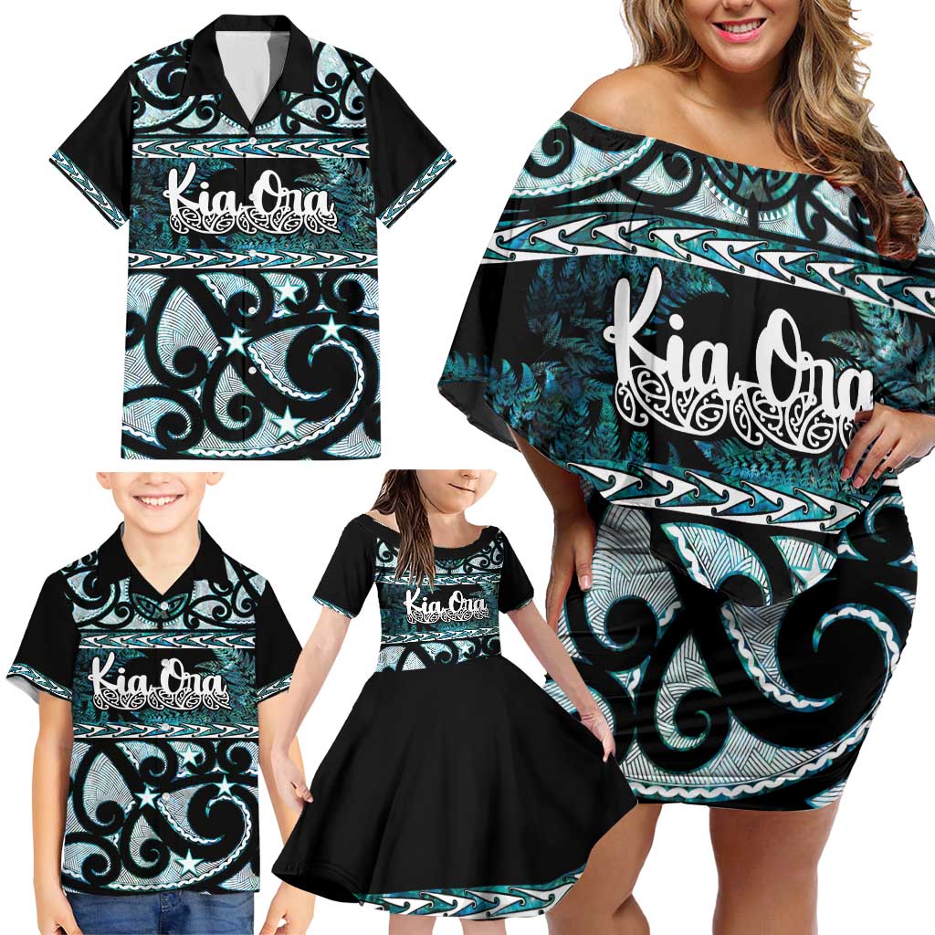 Kia Ora New Zealand Family Matching Off Shoulder Short Dress and Hawaiian Shirt Aotearoa Proud Maori Paua Shell Silver Fern LT14 - Polynesian Pride