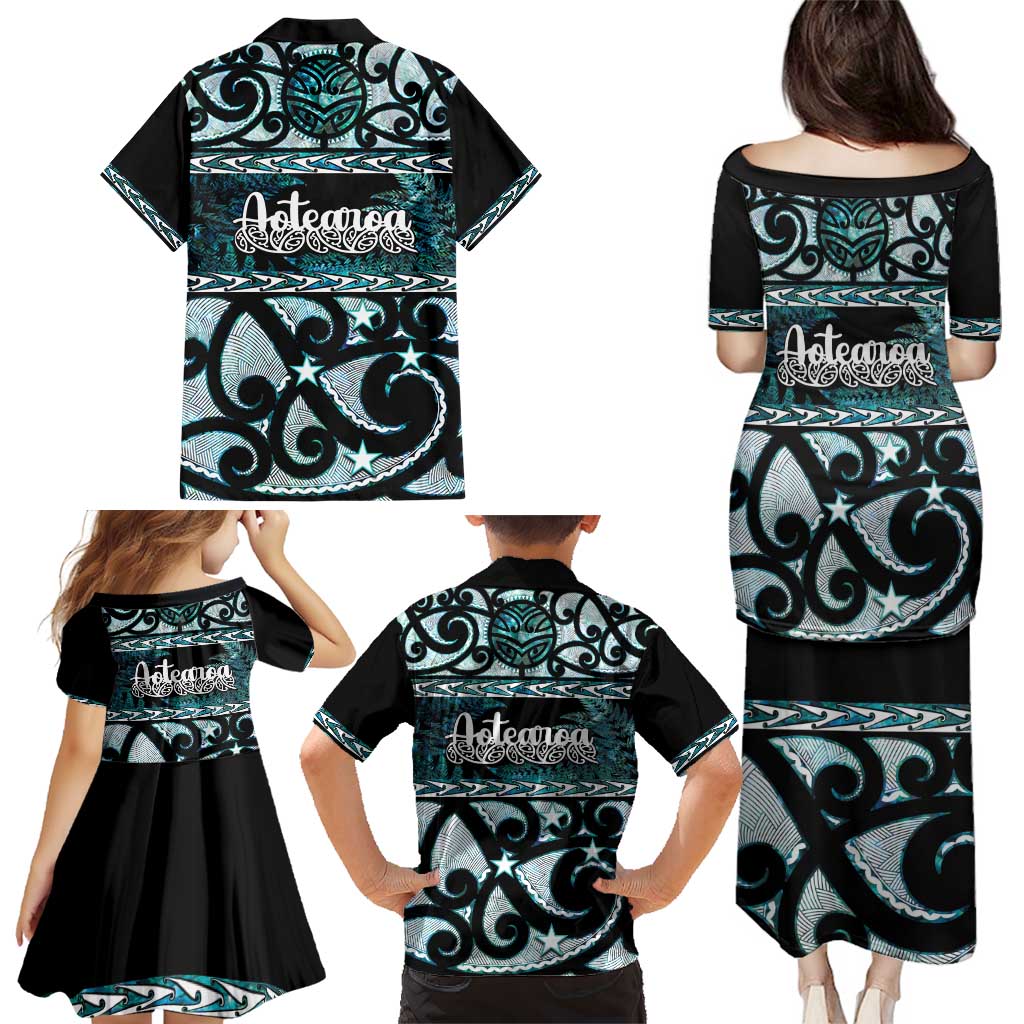 Kia Ora New Zealand Family Matching Puletasi and Hawaiian Shirt Aotearoa Proud Maori Paua Shell Silver Fern - Polynesian Pride