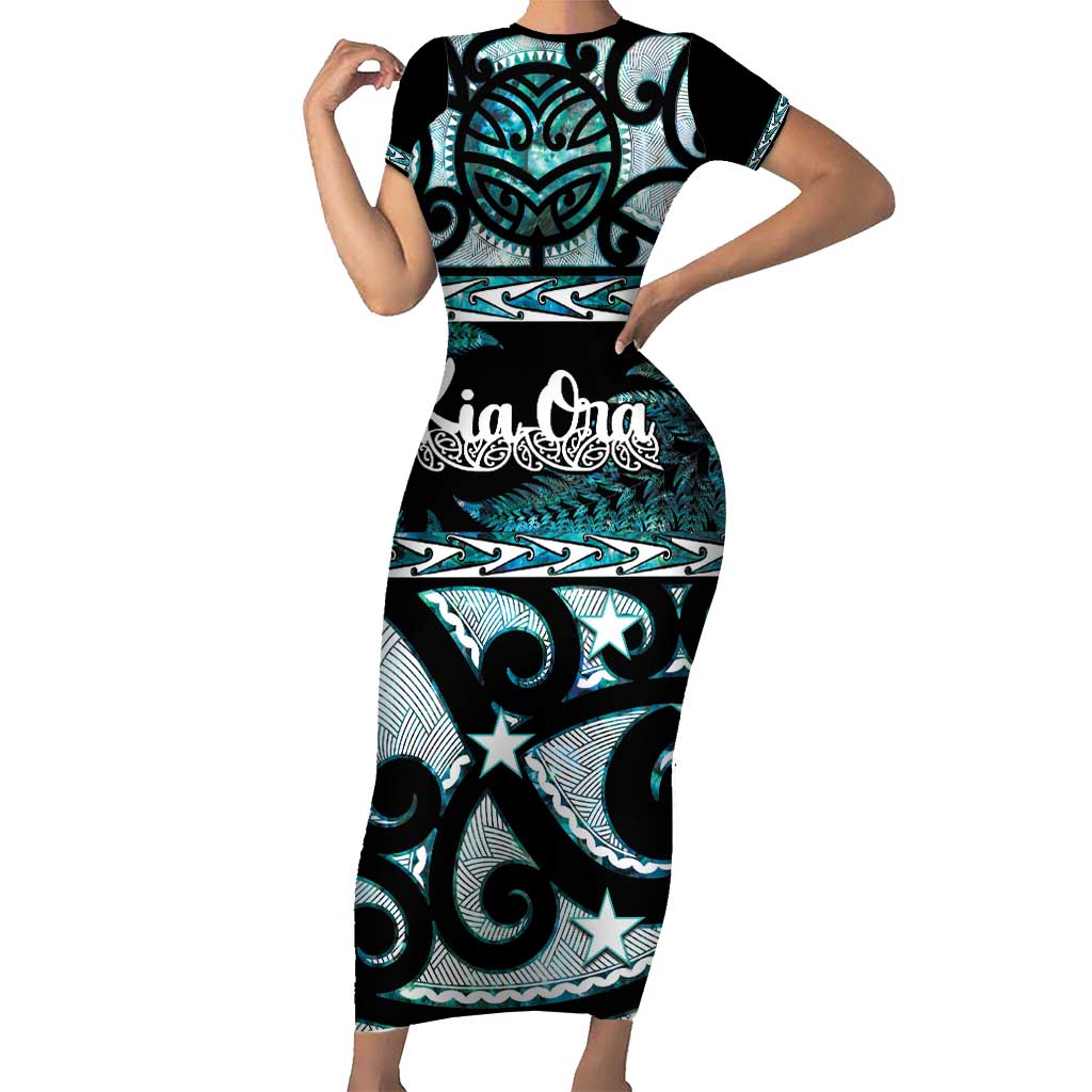 Kia Ora New Zealand Family Matching Short Sleeve Bodycon Dress and Hawaiian Shirt Aotearoa Proud Maori Paua Shell Silver Fern - Polynesian Pride