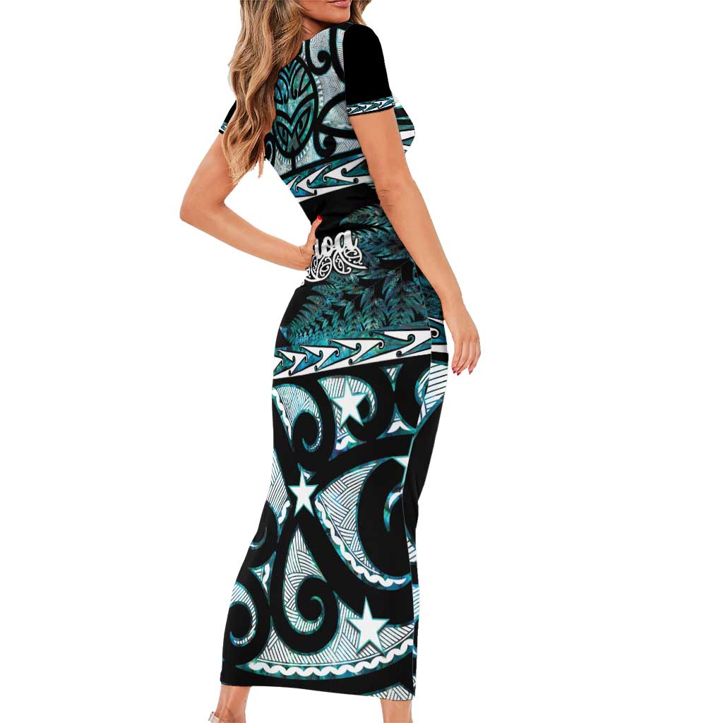 Kia Ora New Zealand Family Matching Short Sleeve Bodycon Dress and Hawaiian Shirt Aotearoa Proud Maori Paua Shell Silver Fern - Polynesian Pride