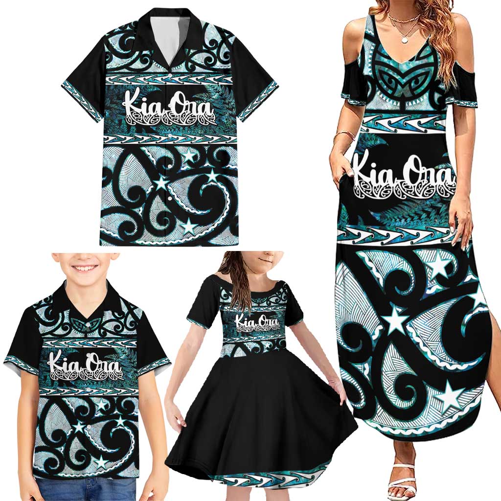 Kia Ora New Zealand Family Matching Summer Maxi Dress and Hawaiian Shirt Aotearoa Proud Maori Paua Shell Silver Fern LT14 - Polynesian Pride