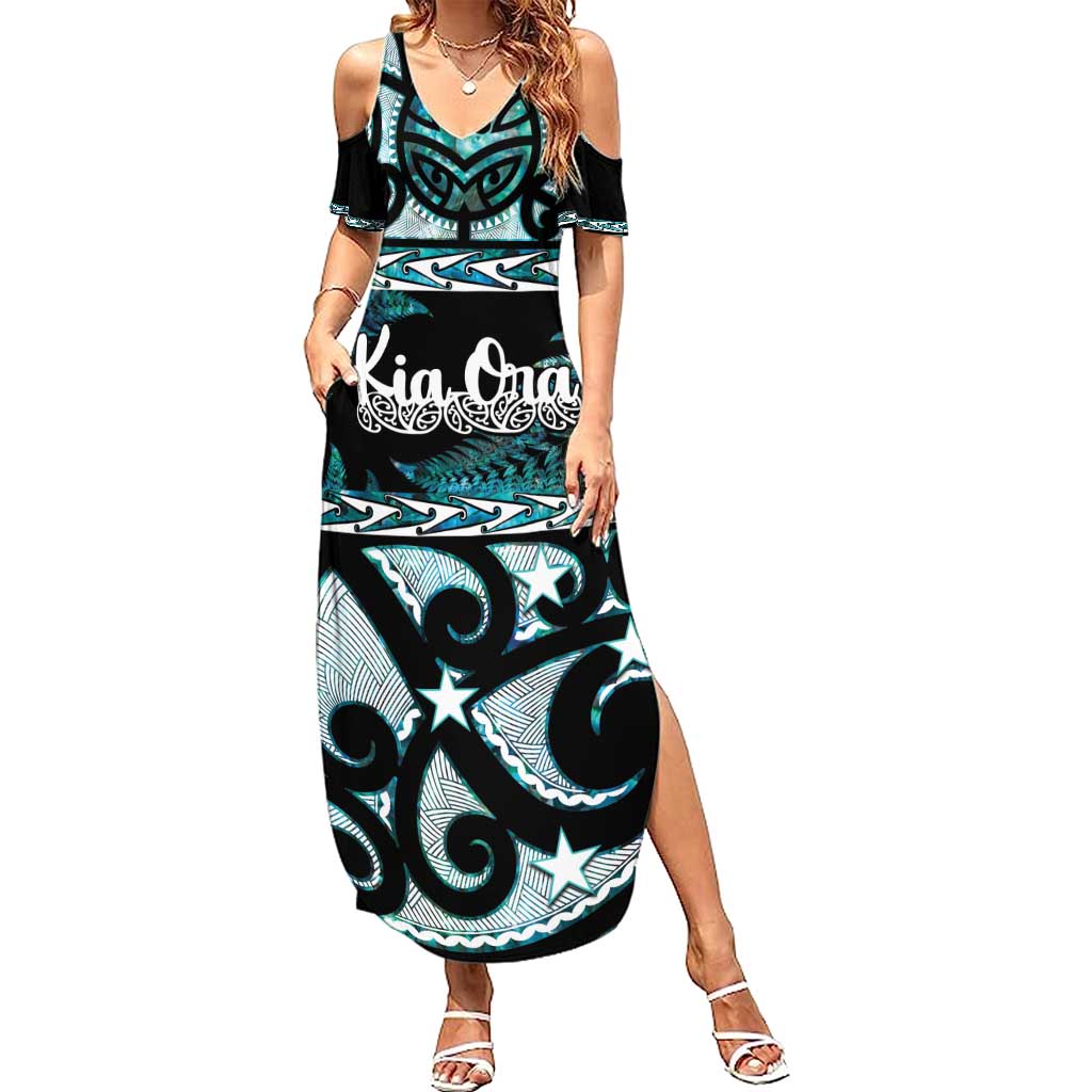 Kia Ora New Zealand Family Matching Summer Maxi Dress and Hawaiian Shirt Aotearoa Proud Maori Paua Shell Silver Fern - Polynesian Pride