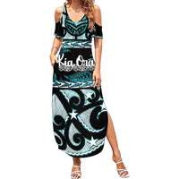 Kia Ora New Zealand Family Matching Summer Maxi Dress and Hawaiian Shirt Aotearoa Proud Maori Paua Shell Silver Fern - Polynesian Pride