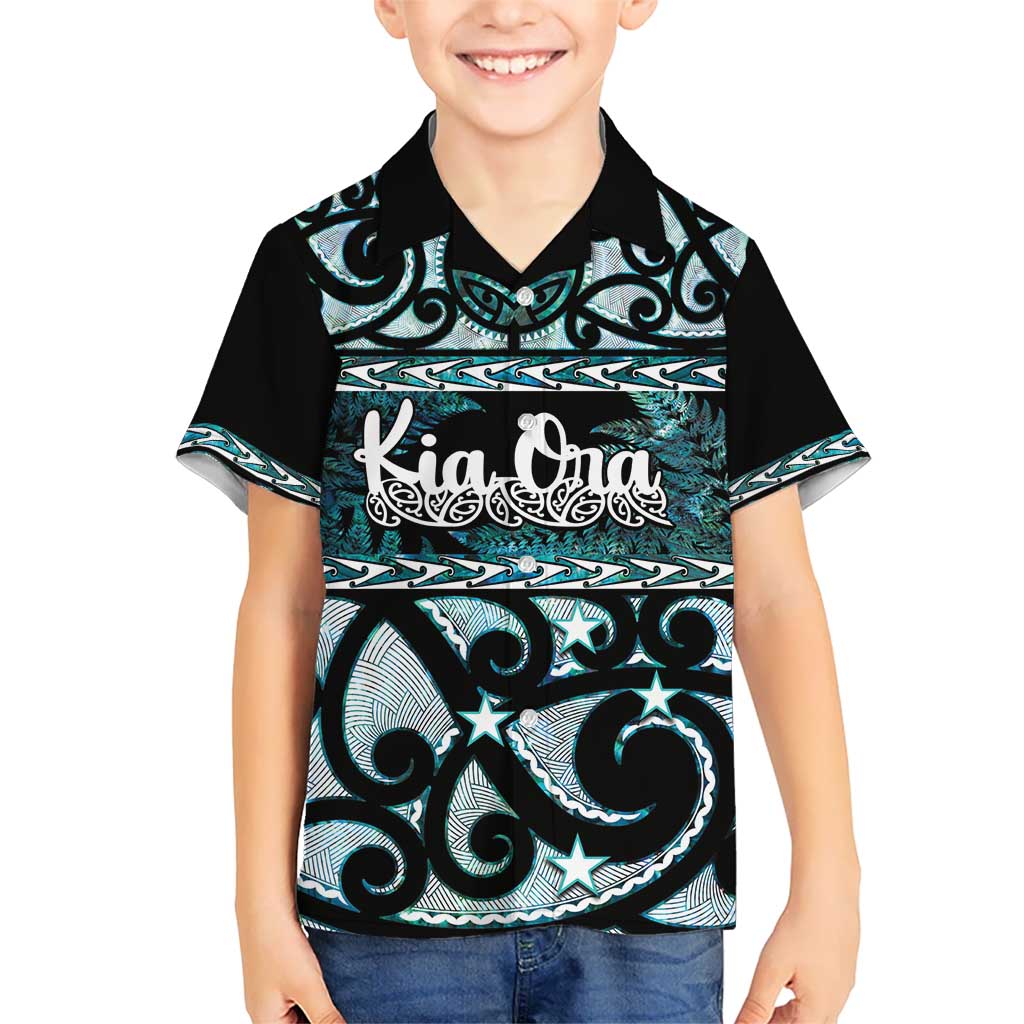 Kia Ora New Zealand Kid Hawaiian Shirt Aotearoa Proud Maori Paua Shell Silver Fern - Polynesian Pride