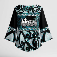 Kia Ora New Zealand Kimono Sleeve Blouse Aotearoa Proud Maori Paua Shell Silver Fern - Polynesian Pride