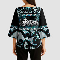 Kia Ora New Zealand Kimono Sleeve Blouse Aotearoa Proud Maori Paua Shell Silver Fern - Polynesian Pride