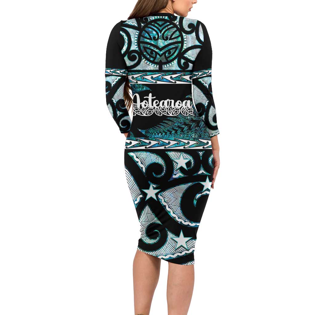 Kia Ora New Zealand Long Sleeve Bodycon Dress Aotearoa Proud Maori Paua Shell Silver Fern - Polynesian Pride