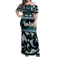 Kia Ora New Zealand Off Shoulder Maxi Dress Aotearoa Proud Maori Paua Shell Silver Fern - Polynesian Pride