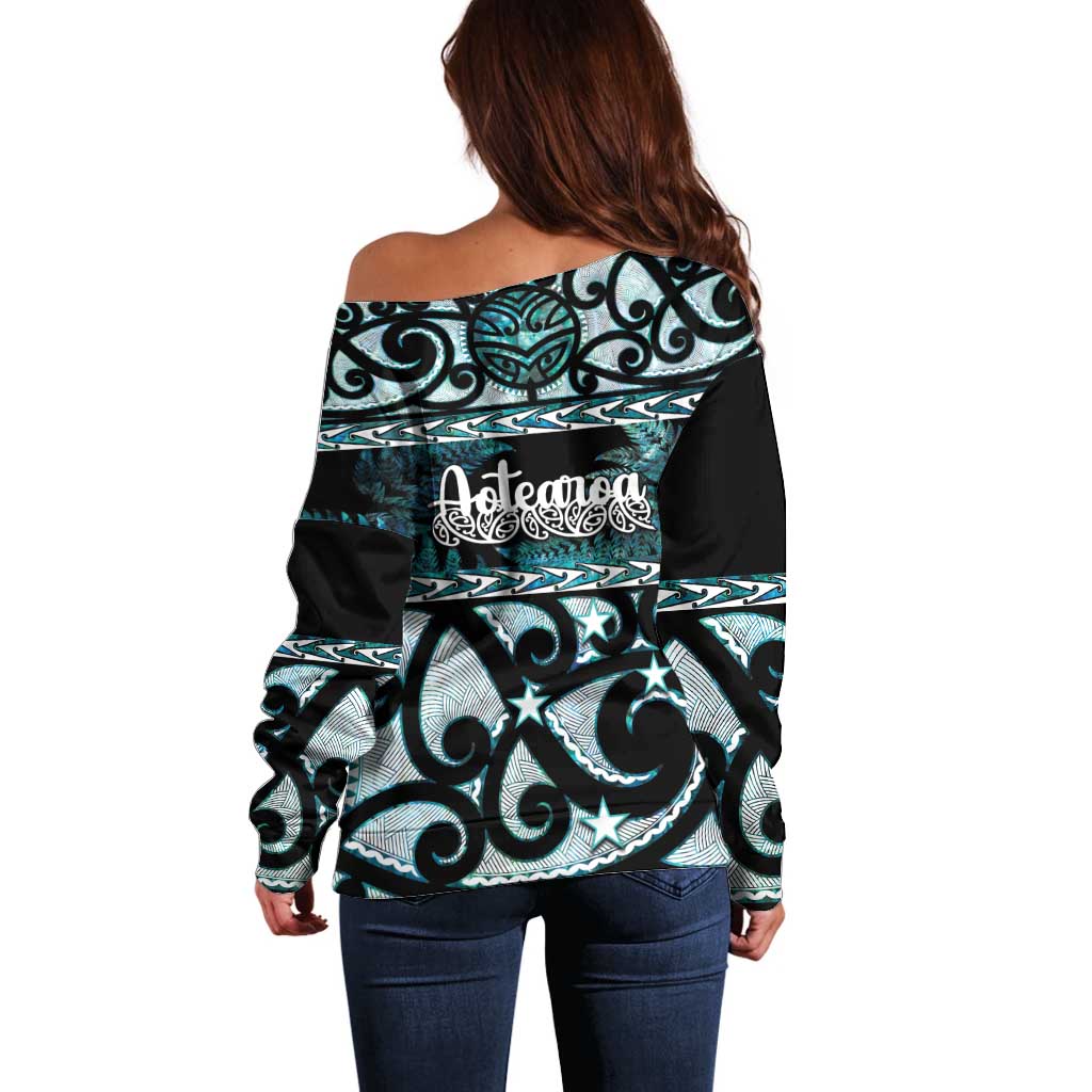 Kia Ora New Zealand Off Shoulder Sweater Aotearoa Proud Maori Paua Shell Silver Fern - Polynesian Pride