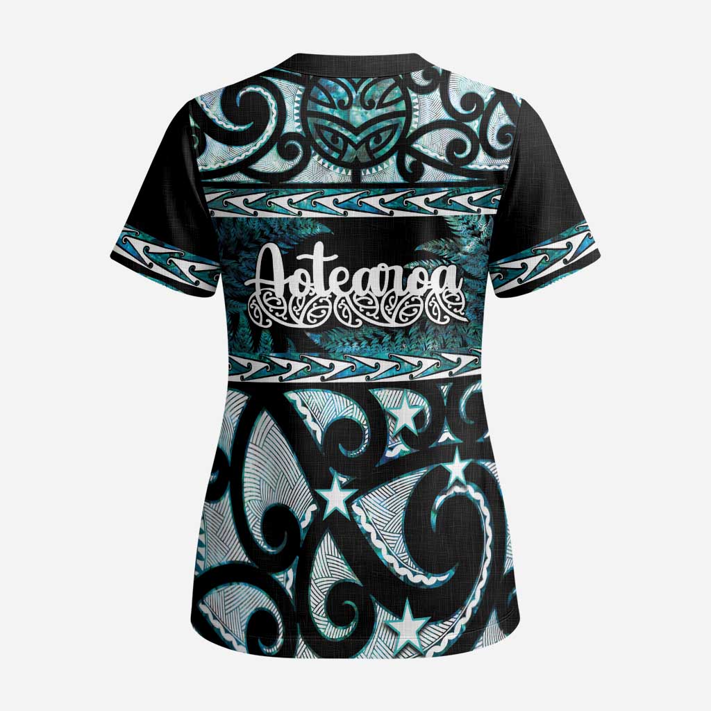 Kia Ora New Zealand Scrub Top Aotearoa Proud Maori Paua Shell Silver Fern - Polynesian Pride