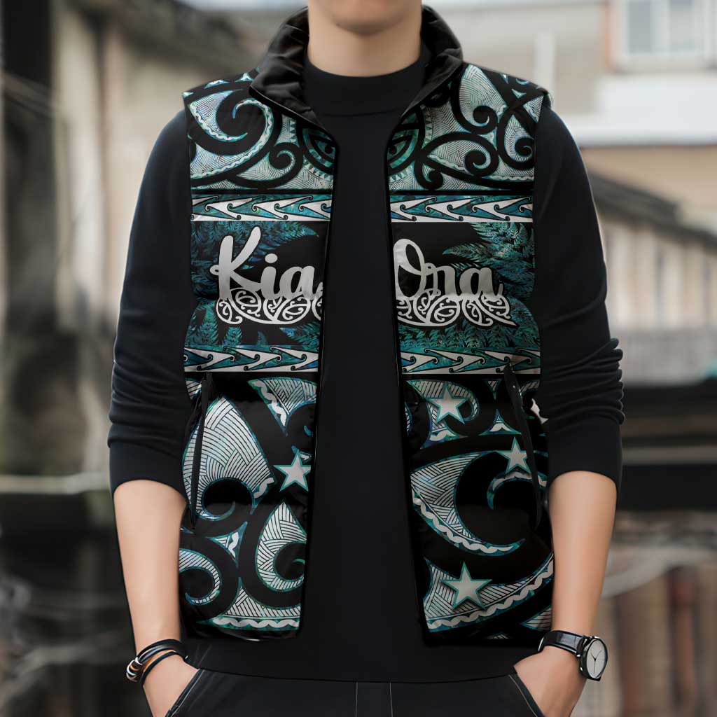 Kia Ora New Zealand Sleeveless Puffer Jacket Aotearoa Proud Maori Paua Shell Silver Fern - Polynesian Pride