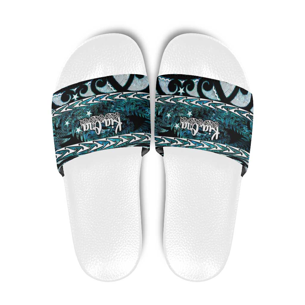 Kia Ora New Zealand Slide Sandals Aotearoa Proud Maori Paua Shell Silver Fern - Polynesian Pride