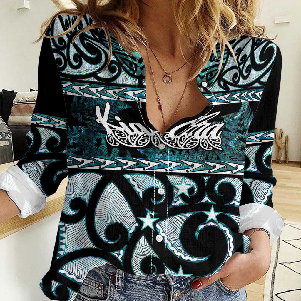 Kia Ora New Zealand Women Casual Shirt Aotearoa Proud Maori Paua Shell Silver Fern - Polynesian Pride
