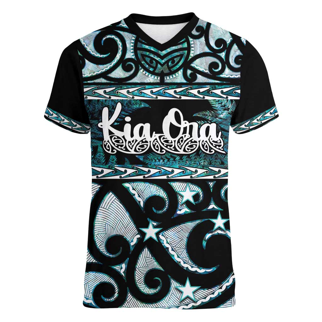 Kia Ora New Zealand Women V-Neck T-Shirt Aotearoa Proud Maori Paua Shell Silver Fern - Polynesian Pride