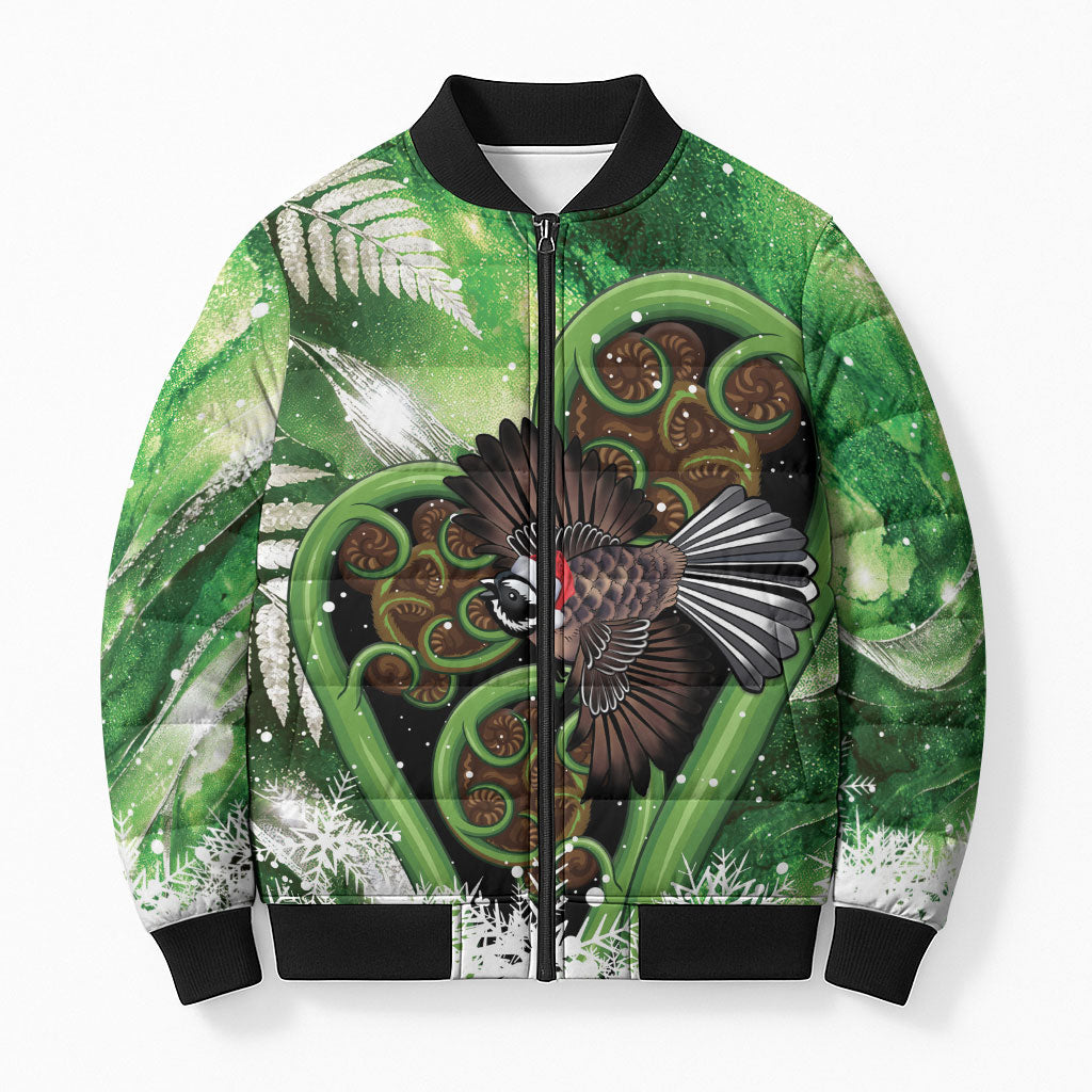 Piwakawaka New Zealand Christmas In July Bomber Puffer Jacket NZ Aroha Koru Fern Marble Vibes