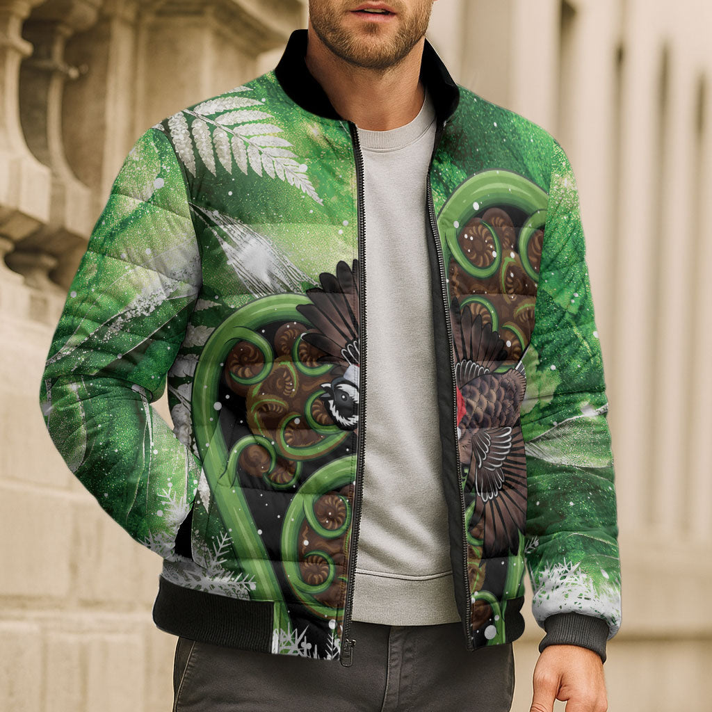 Piwakawaka New Zealand Christmas In July Bomber Puffer Jacket NZ Aroha Koru Fern Marble Vibes