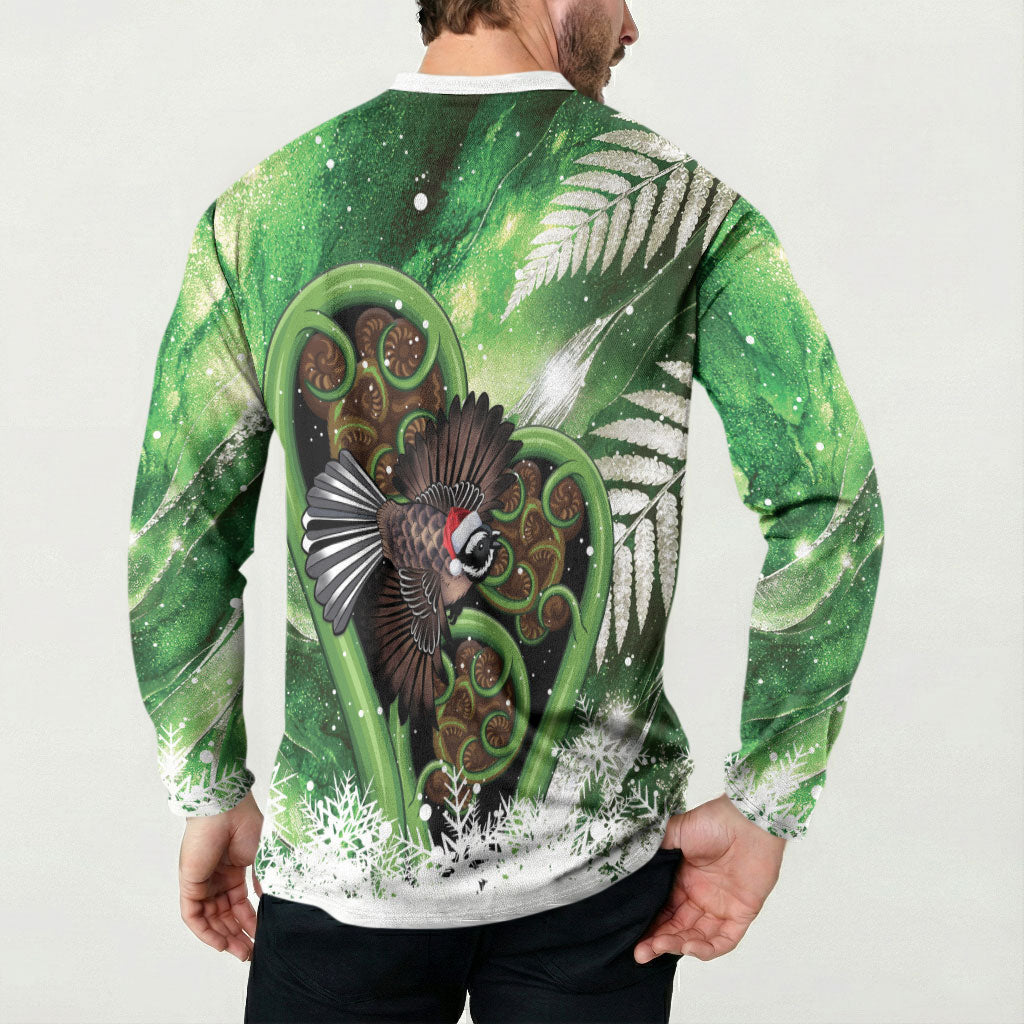 Piwakawaka New Zealand Christmas In July Button Sweatshirt NZ Aroha Koru Fern Marble Vibes