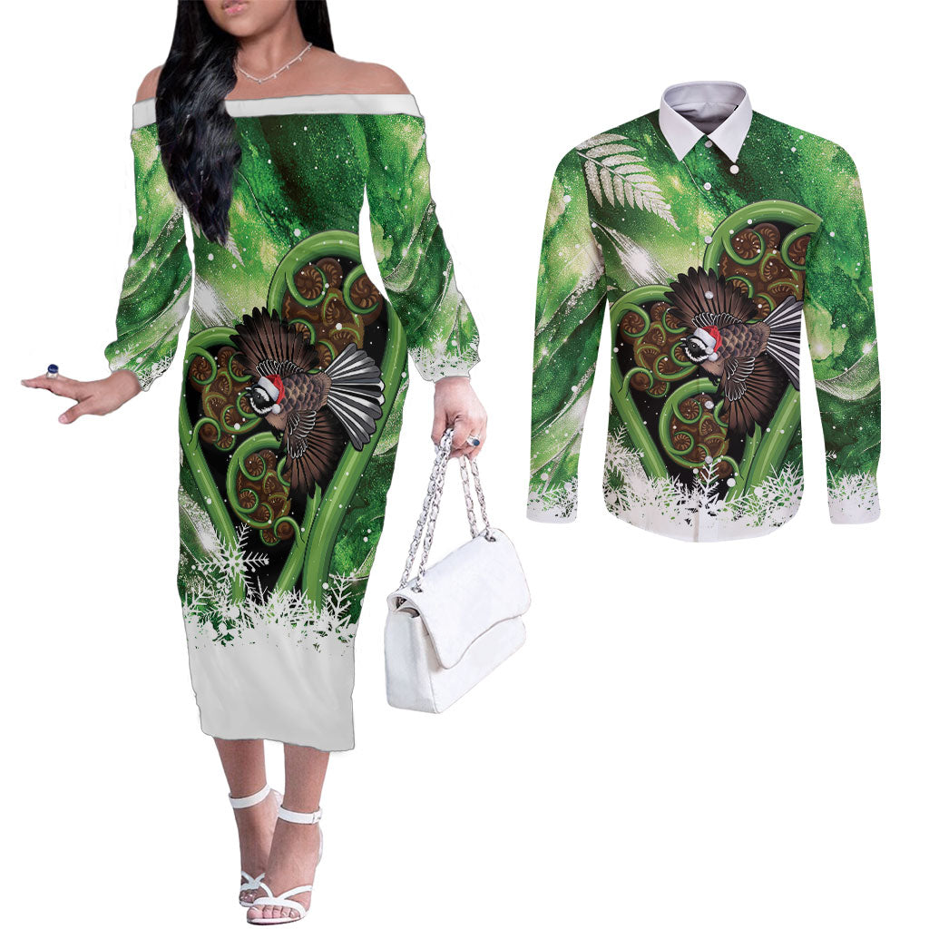 Piwakawaka New Zealand Christmas In July Couples Matching Off The Shoulder Long Sleeve Dress and Long Sleeve Button Shirt NZ Aroha Koru Fern Marble Vibes