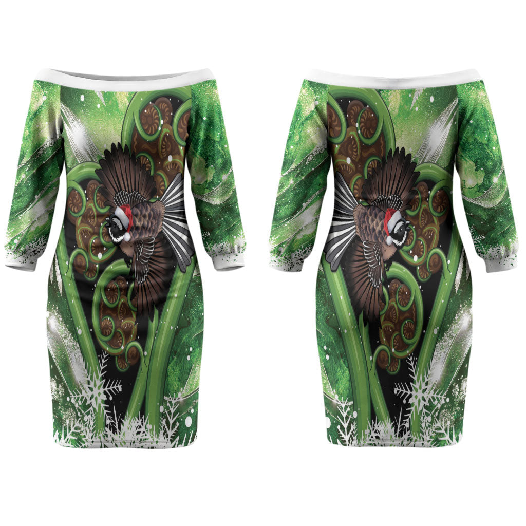 Piwakawaka New Zealand Christmas In July Couples Matching Off The Shoulder Long Sleeve Dress and Long Sleeve Button Shirt NZ Aroha Koru Fern Marble Vibes LT14 - Polynesian Pride