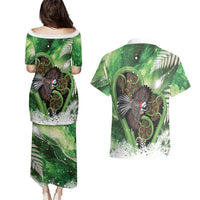 Piwakawaka New Zealand Christmas In July Couples Matching Puletasi and Hawaiian Shirt NZ Aroha Koru Fern Marble Vibes