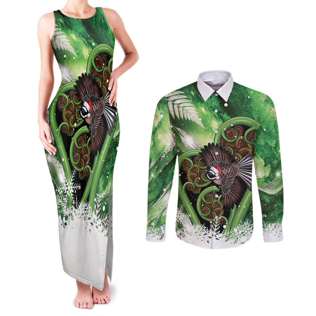 Piwakawaka New Zealand Christmas In July Couples Matching Tank Maxi Dress and Long Sleeve Button Shirt NZ Aroha Koru Fern Marble Vibes