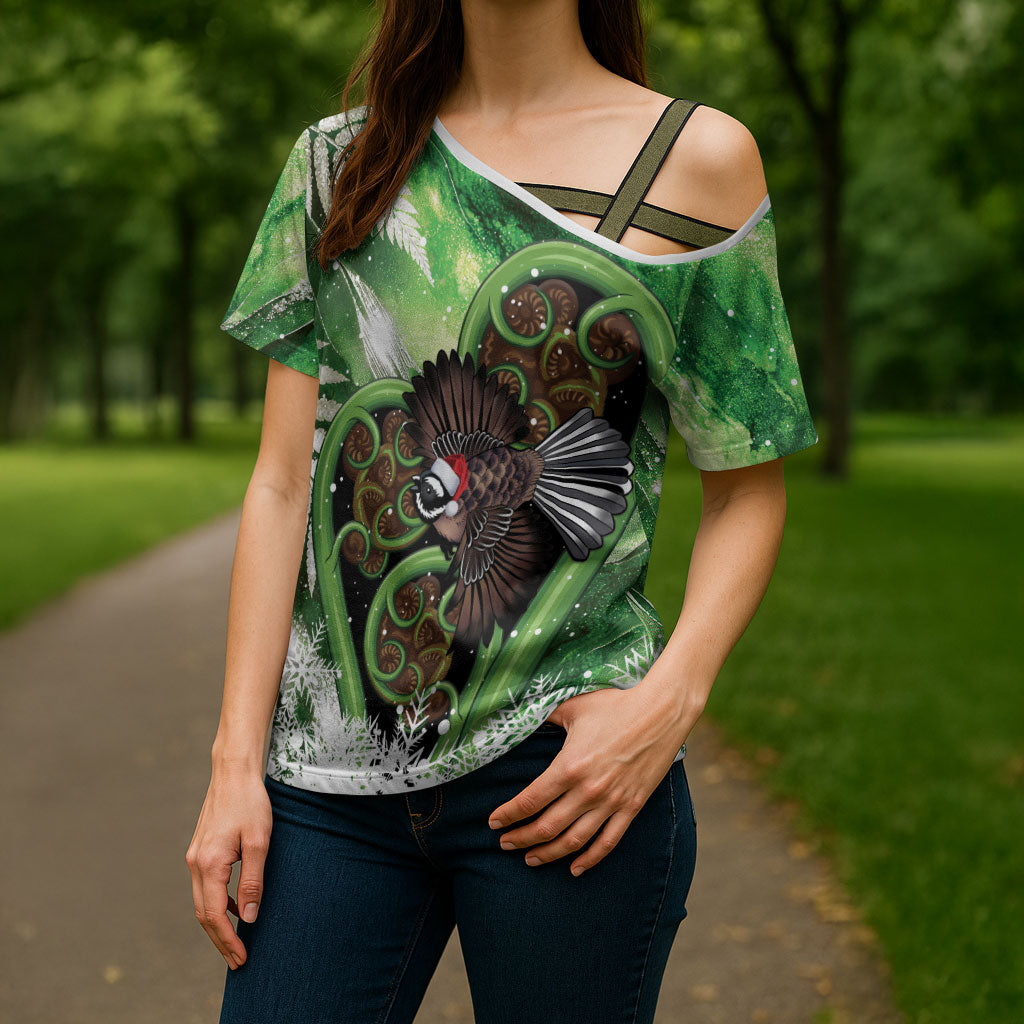 Piwakawaka New Zealand Christmas In July Cross Shoulder Shirt NZ Aroha Koru Fern Marble Vibes