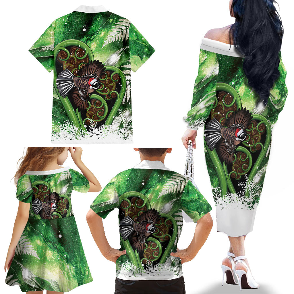 Piwakawaka New Zealand Christmas In July Family Matching Off The Shoulder Long Sleeve Dress and Hawaiian Shirt NZ Aroha Koru Fern Marble Vibes