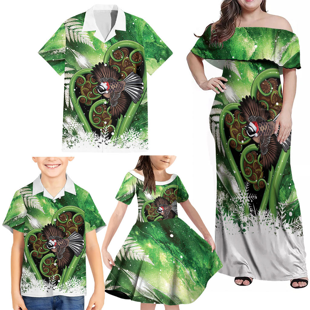 Piwakawaka New Zealand Christmas In July Family Matching Off Shoulder Maxi Dress and Hawaiian Shirt NZ Aroha Koru Fern Marble Vibes LT14 - Polynesian Pride