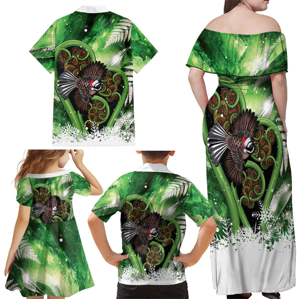 Piwakawaka New Zealand Christmas In July Family Matching Off Shoulder Maxi Dress and Hawaiian Shirt NZ Aroha Koru Fern Marble Vibes