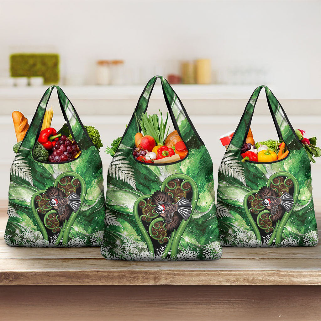 Piwakawaka New Zealand Christmas In July Grocery Bag NZ Aroha Koru Fern Marble Vibes
