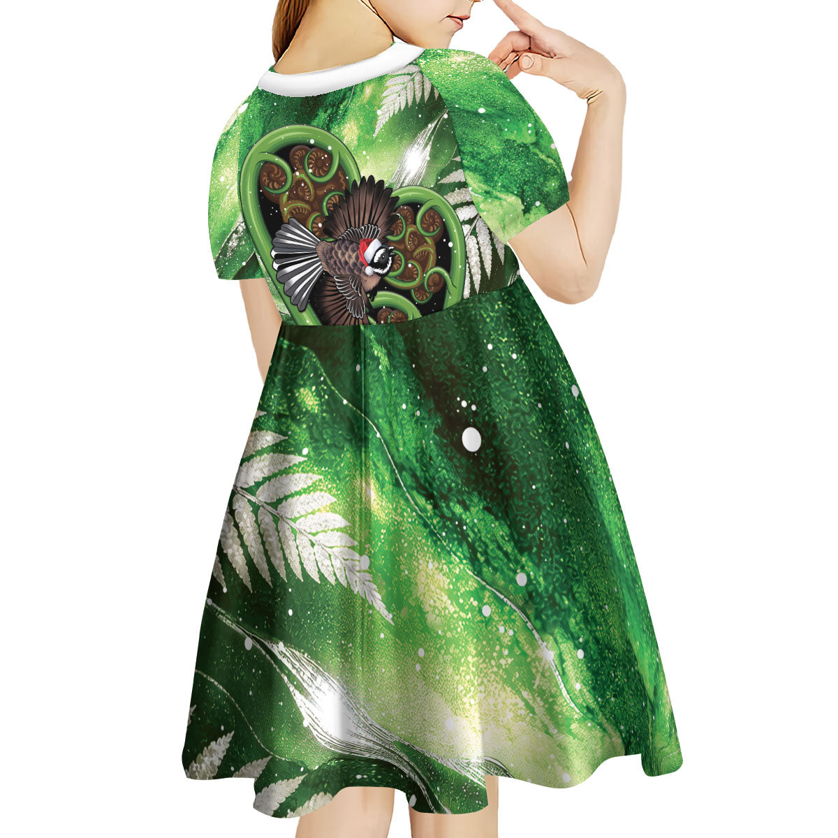 Piwakawaka New Zealand Christmas In July Kid Short Sleeve Dress NZ Aroha Koru Fern Marble Vibes