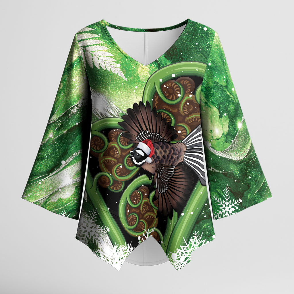 Piwakawaka New Zealand Christmas In July Kimono Sleeve Blouse NZ Aroha Koru Fern Marble Vibes