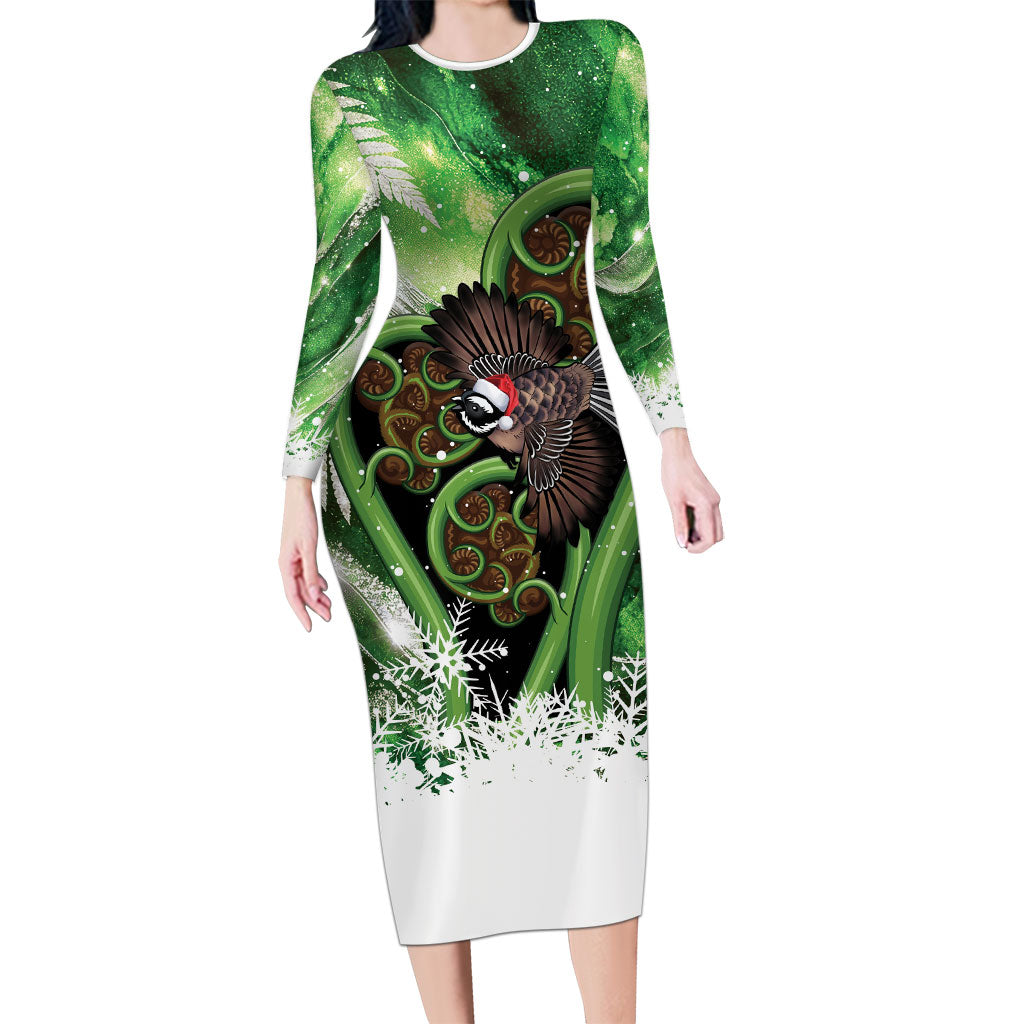 Piwakawaka New Zealand Christmas In July Long Sleeve Bodycon Dress NZ Aroha Koru Fern Marble Vibes LT14 Long Dress Green - Polynesian Pride