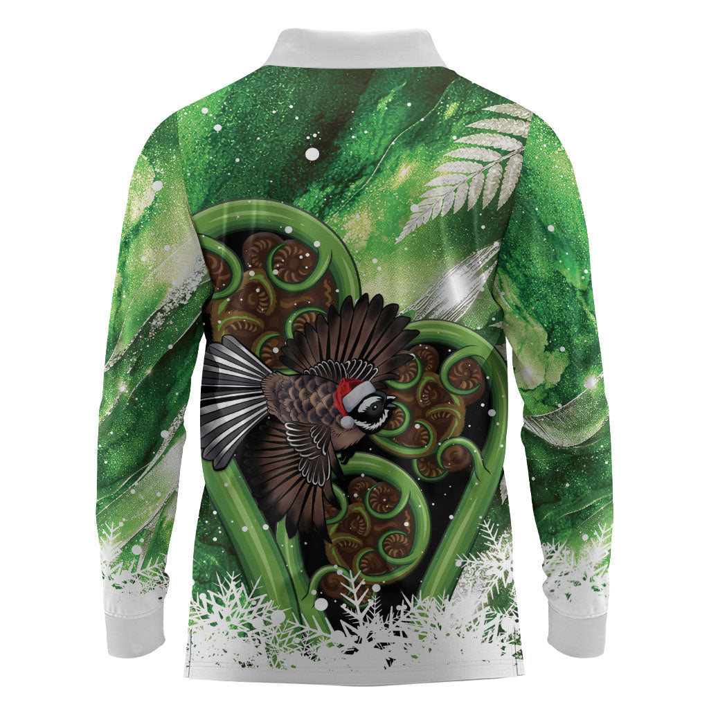 Piwakawaka New Zealand Christmas In July Long Sleeve Polo Shirt NZ Aroha Koru Fern Marble Vibes