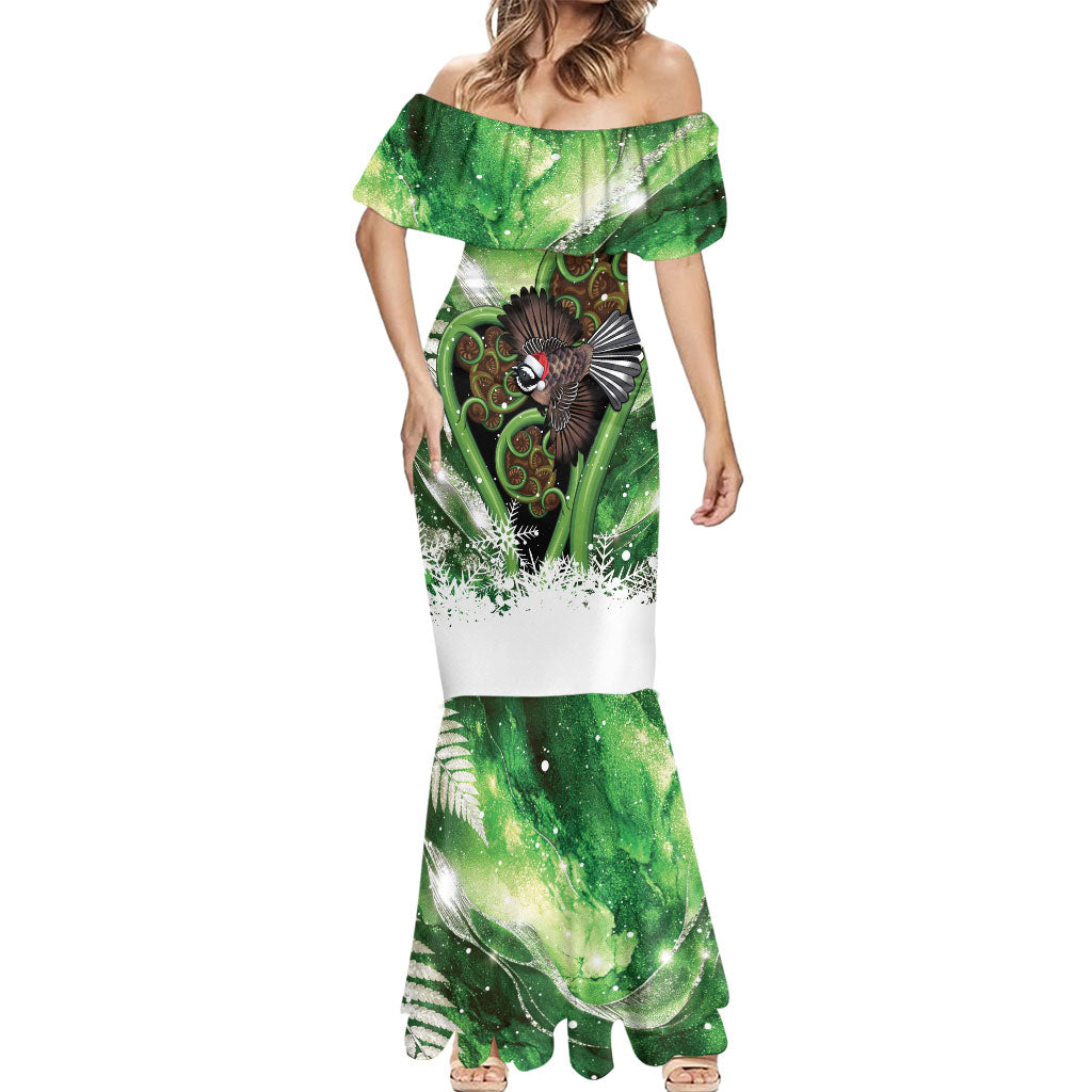 Piwakawaka New Zealand Christmas In July Mermaid Dress NZ Aroha Koru Fern Marble Vibes