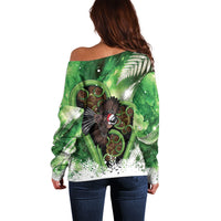 Piwakawaka New Zealand Christmas In July Off Shoulder Sweater NZ Aroha Koru Fern Marble Vibes