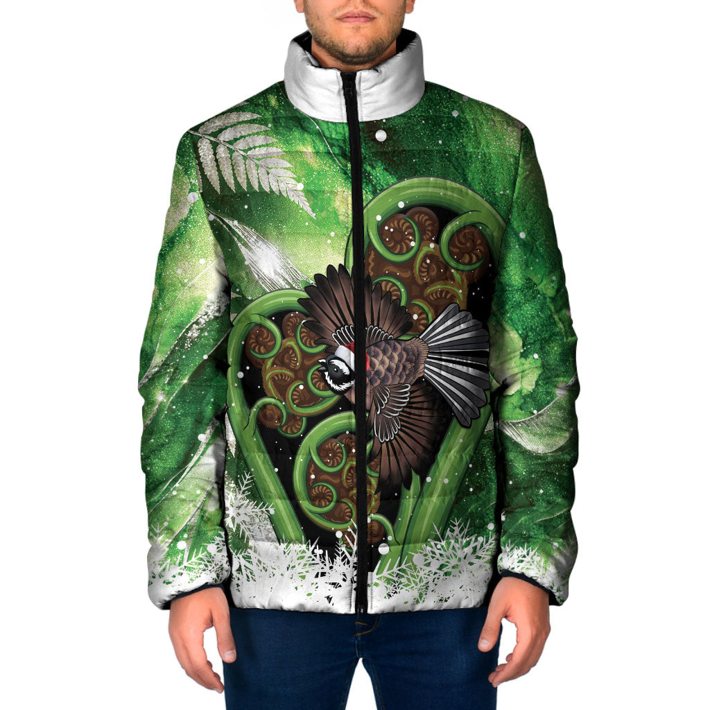 Piwakawaka New Zealand Christmas In July Padded Jacket NZ Aroha Koru Fern Marble Vibes LT14 Men Green - Polynesian Pride