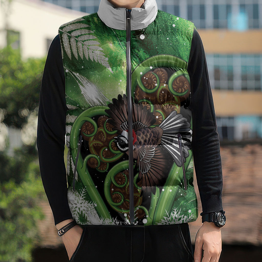 Piwakawaka New Zealand Christmas In July Sleeveless Puffer Jacket NZ Aroha Koru Fern Marble Vibes