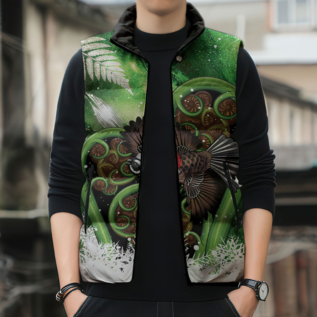 Piwakawaka New Zealand Christmas In July Sleeveless Puffer Jacket NZ Aroha Koru Fern Marble Vibes