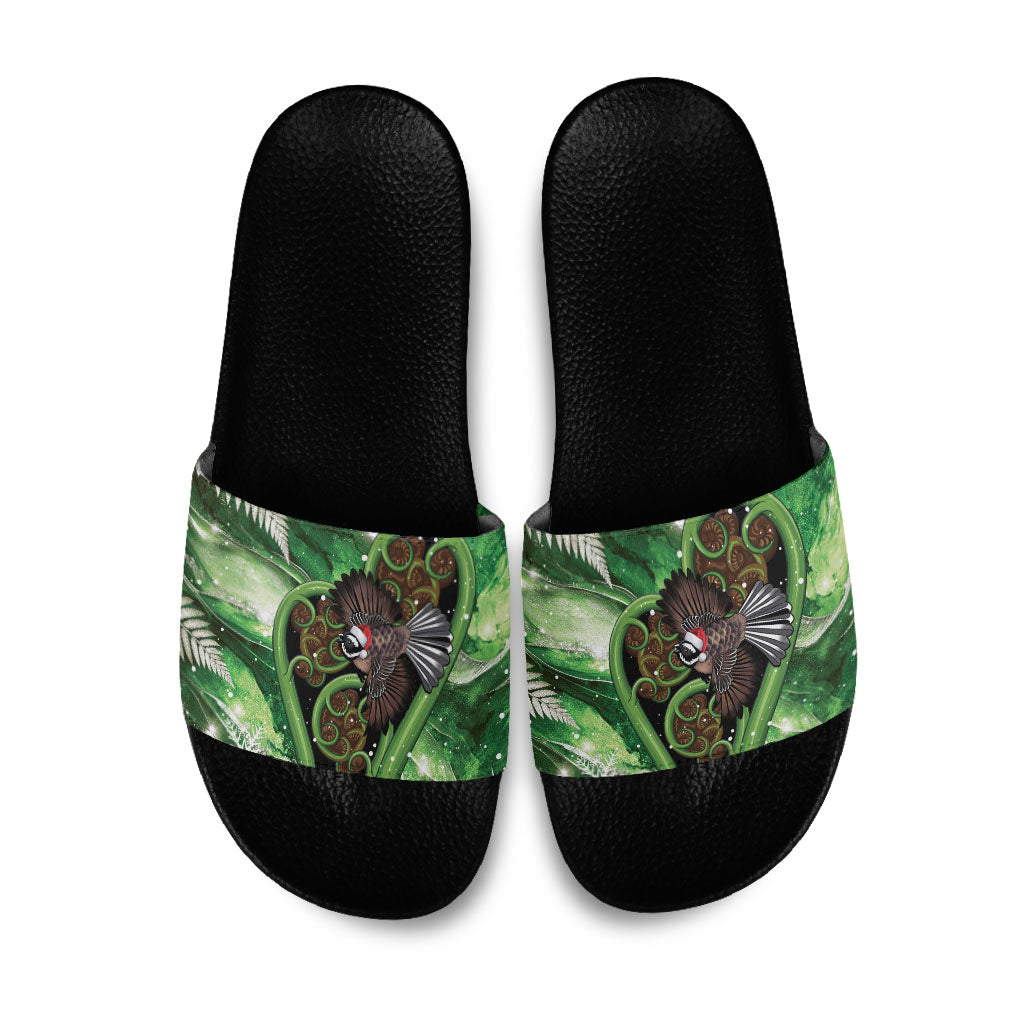 Piwakawaka New Zealand Christmas In July Slide Sandals NZ Aroha Koru Fern Marble Vibes