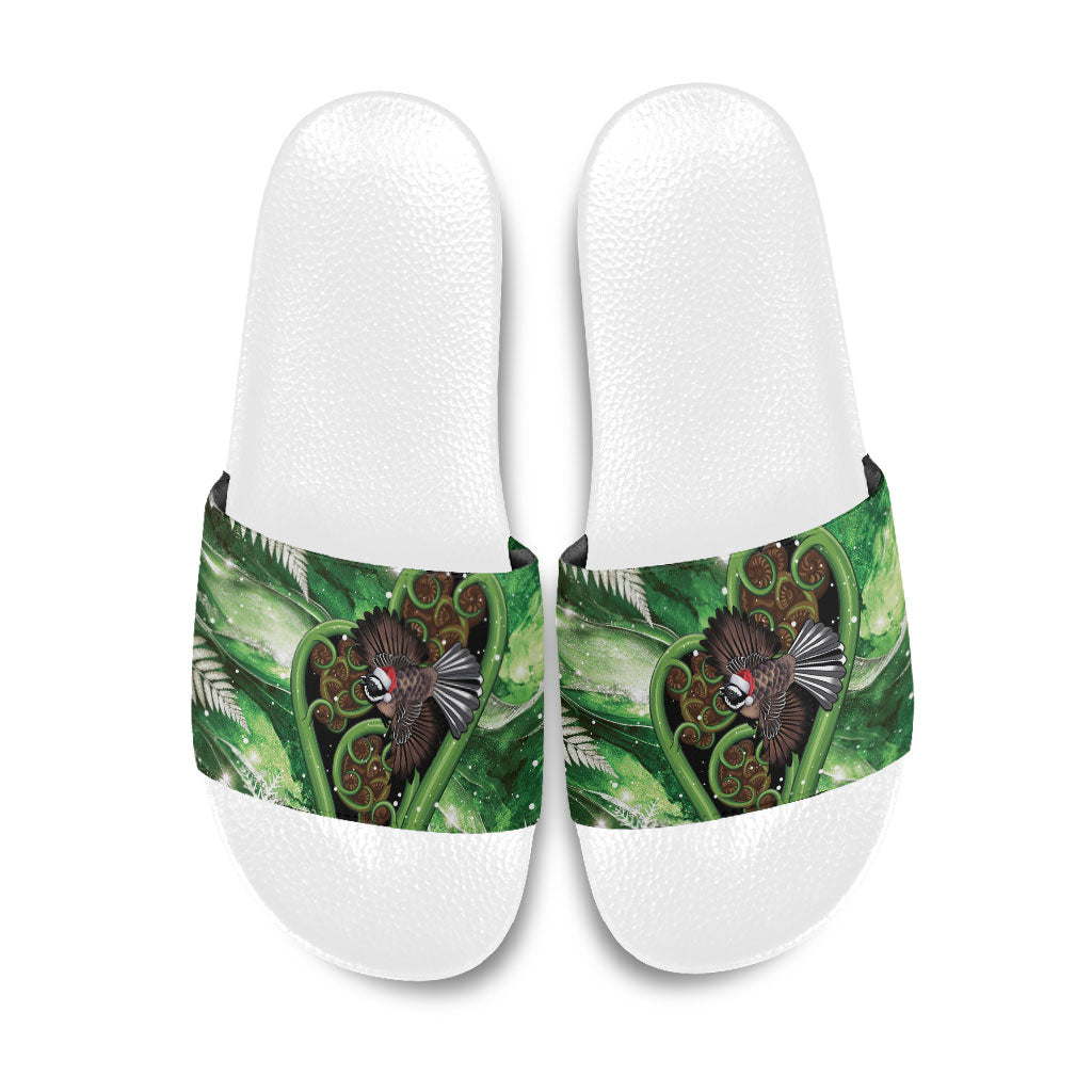 Piwakawaka New Zealand Christmas In July Slide Sandals NZ Aroha Koru Fern Marble Vibes