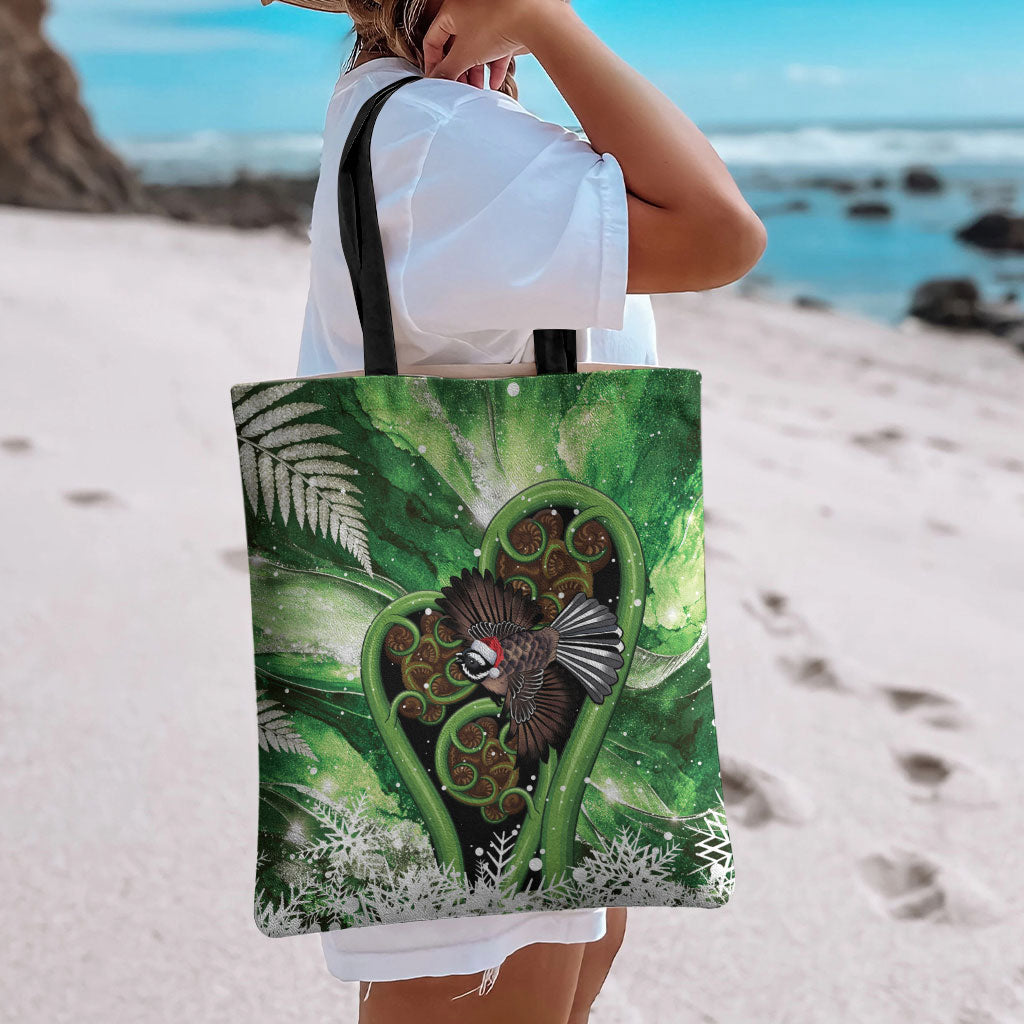Piwakawaka New Zealand Christmas In July Tote Bag NZ Aroha Koru Fern Marble Vibes