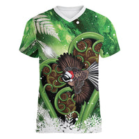Piwakawaka New Zealand Christmas In July Women V-Neck T-Shirt NZ Aroha Koru Fern Marble Vibes