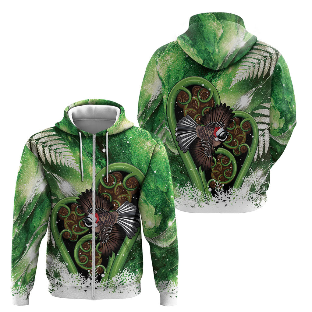 Piwakawaka New Zealand Christmas In July Zip Hoodie NZ Aroha Koru Fern Marble Vibes