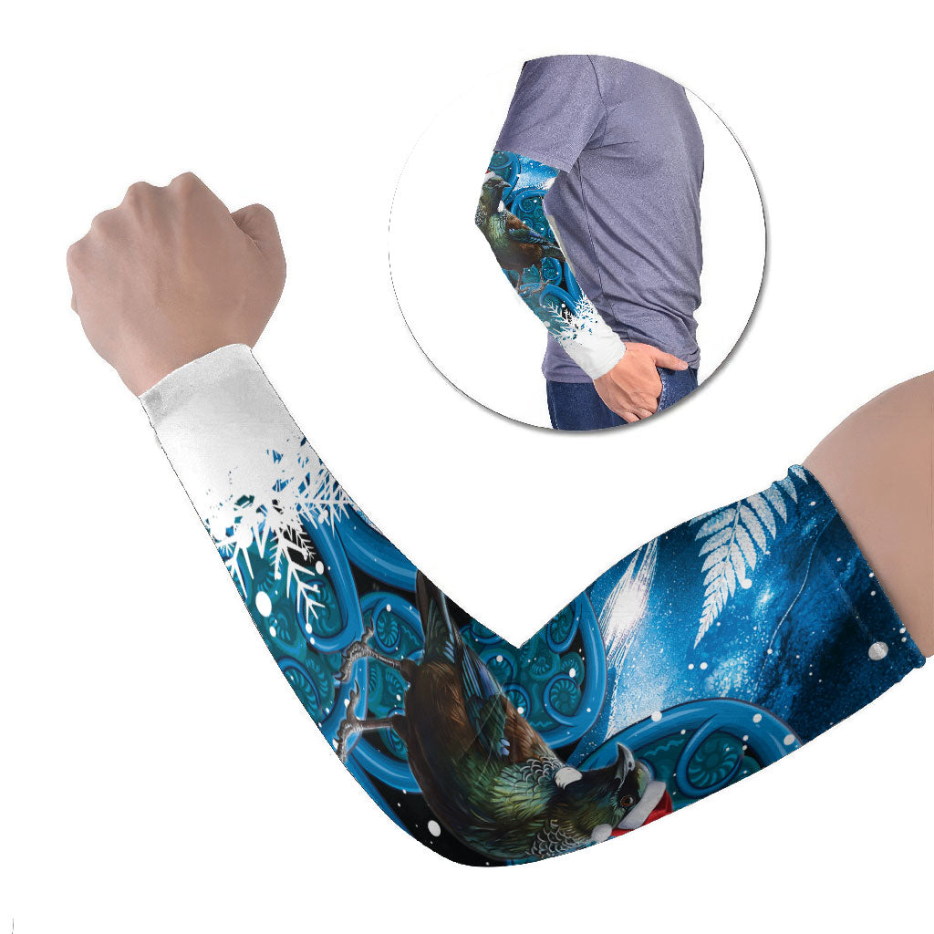 Tui Bird New Zealand Christmas In July Arm Sleeves NZ Aroha Koru Fern Marble Vibes LT14 Set of 2 Blue - Polynesian Pride
