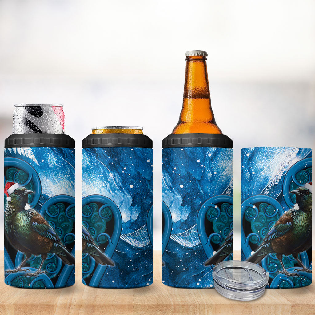 Tui Bird New Zealand Christmas In July 4 in 1 Can Cooler Tumbler NZ Aroha Koru Fern Marble Vibes