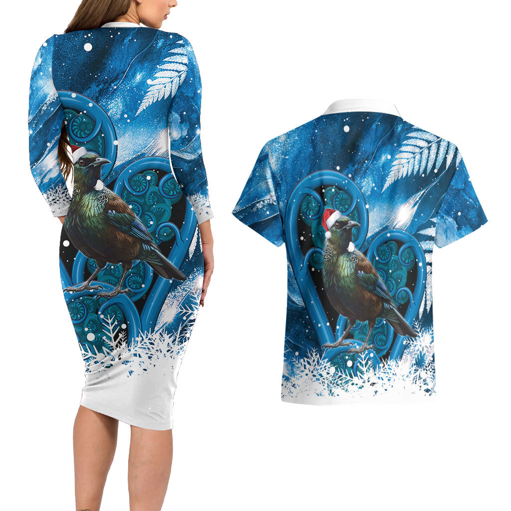 Tui Bird New Zealand Christmas In July Couples Matching Long Sleeve Bodycon Dress and Hawaiian Shirt NZ Aroha Koru Fern Marble Vibes
